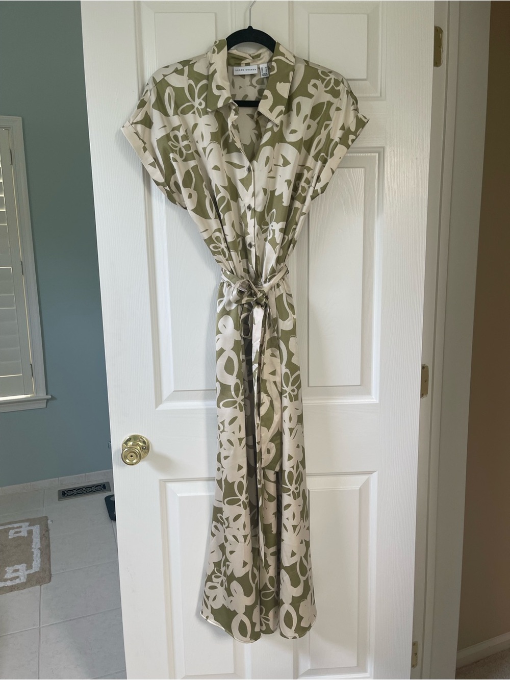 Susan Graver Olive Green and Cream Floral Tie-Waist Dress